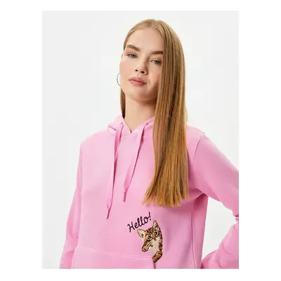 Koton Hooded Sweatshirt Cat Embroidered Detail Cotton Kangaroo Pocket