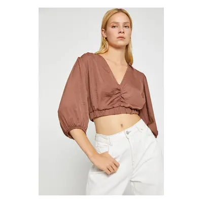 Koton V Neck Balloon Sleeve Crop Blouse Satin Look