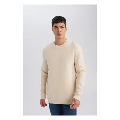 DEFACTO Beige Thread Cotton Raised Polar Fleece Regular Fit Crew Neck Thick Sweatshirt