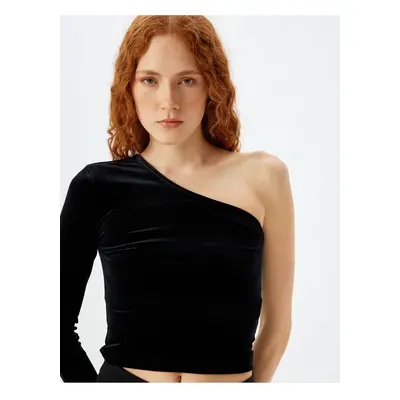 Koton One Shoulder Crop Velvet T-Shirt Long Sleeve Slim Fit