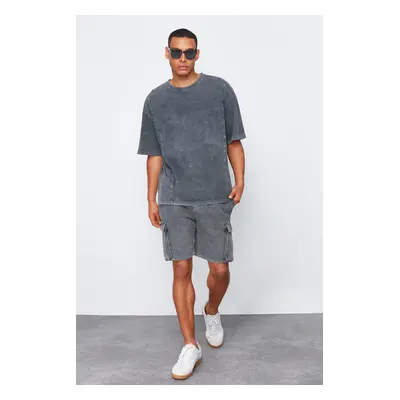 Trendyol Anthracite Oversize/Wide Cut 100% Cotton T-shirt with Stitching Detail and Faded Effect