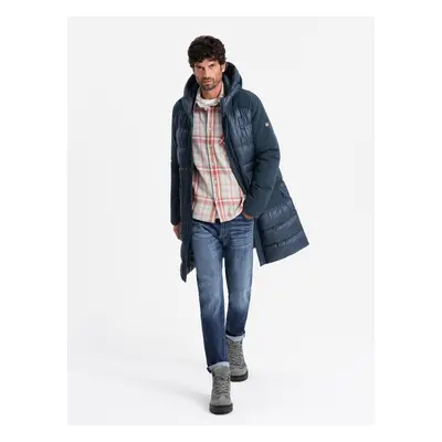 Ombre Men's quilted long jacket with large pockets - navy blue