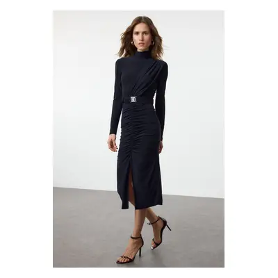 Trendyol Navy Blue Fitted High Collar Draped Belted Flexible Knitted Pencil Dress