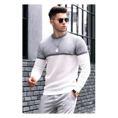 Madmext White Color Block Men's Sweater