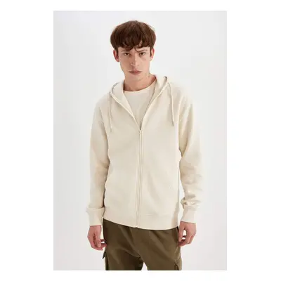 DEFACTO Men's Beige Hooded Soft Fuzzy Inside Zipper Basic Cotton Sweatshirt Cardigan X8331az24au