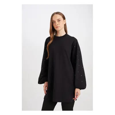 DEFACTO Regular Fit Crew Neck Balloon Sleeve Stoned Long Sleeve Sweatshirt Tunic