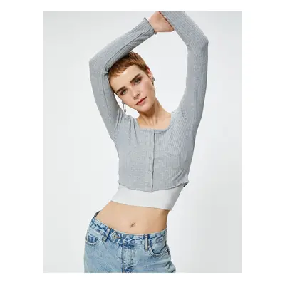 Koton Long Sleeve Crop T-Shirt Buttoned Layered Color Contrast Ribbed U Neck