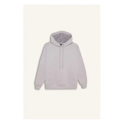 DEFACTO Relax Fit Hooded Kangaroo Pocket Thick Casual Basic Plain Gray Sweatshirt