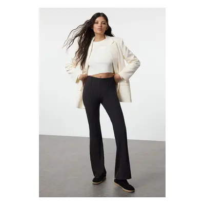 Trendyol Black Ribbed Detail High Waist Flare Soft Touch Trousers