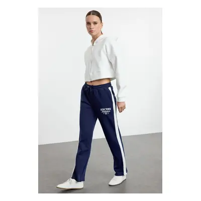 Trendyol Navy Blue Color Block Slogan Printed Straight Pattern Knitted Sweatpants