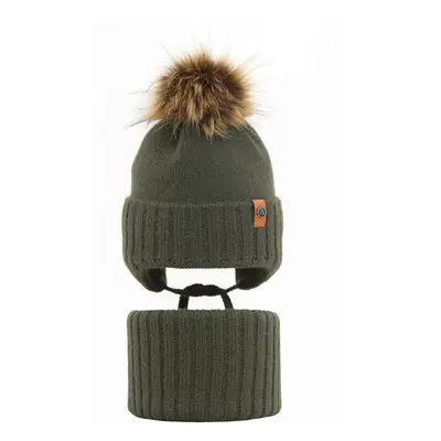 AGBO Boy's winter set: hat and tube scarf khaki Dominik with pompom