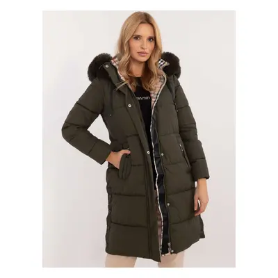 Khaki winter jacket with detachable hood