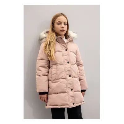 DEFACTO Girls Hooded Detachable Hood Faux Für Zipper Snap Closure Long Coat Parka