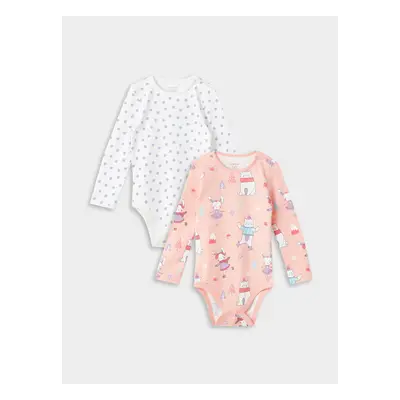 LC Waikiki Crew Neck Long Sleeve Patterned Baby Girl Snap-On Bodysuit 2-Piece