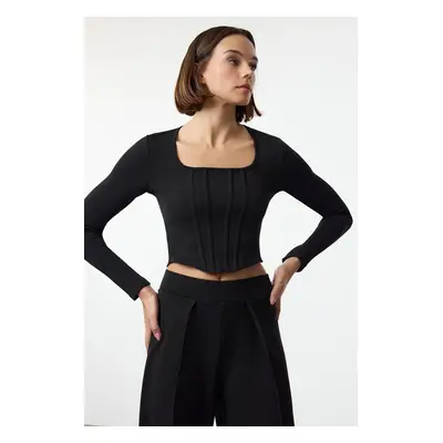 Trendyol Black Square Collar Fitted/Body-Sit Cardigan Stitched Knitted Blouse