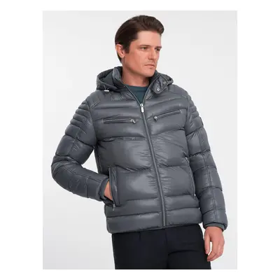 Ombre Men's quilted winter jacket with decorative zippers - graphite