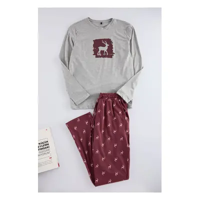 Trendyol Men's Claret Red Deer Printed Regular Fit Knitted Pajama Set