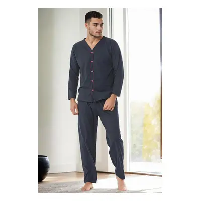 J4425 Dewberry Mens Buttoned Long Sleeve Pyjama Set-NAVY BLUE