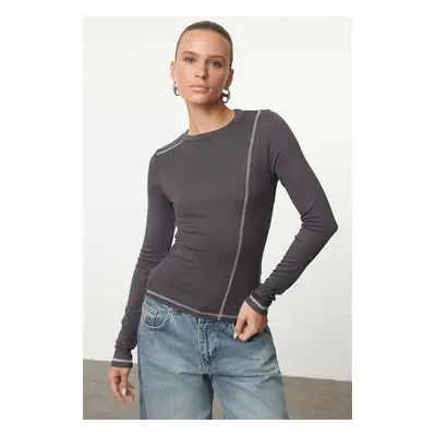 Trendyol Anthracite Fitted/Body-Sit Cardigan Stitching Detailed Crew Neck Flexible Knitted Blous