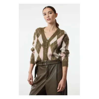 Trendyol Khaki Soft Texture Plaid Patterned Knitwear Cardigan