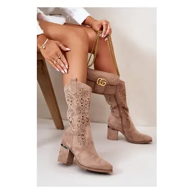 Cowboy women's boots openwork on the heel of the column eco suede beige S.Barski