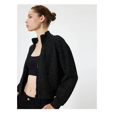 Koton Bomber Cardigan Glittered Stand Collar Zippered Ribbed