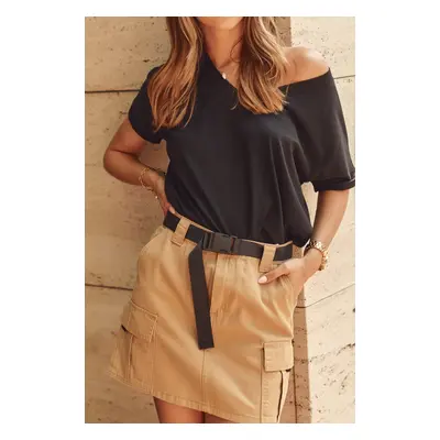 Denim skirt with camel belt