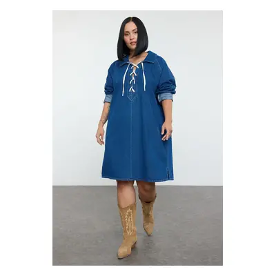 Trendyol Curve Blue Rigid Denim Shirt Collar Lace Up Plus Size Dress