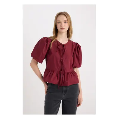 DEFACTO Regular Fit Round Neck Front Tie Poplin Short Sleeve Blouse