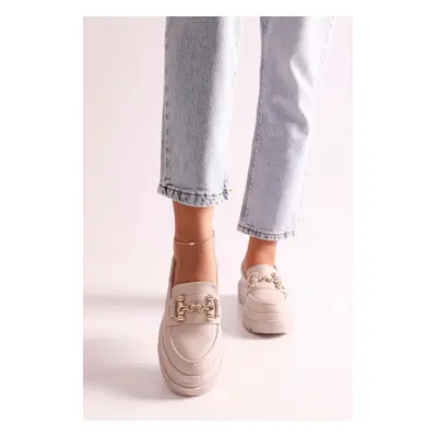 Shoeberry Women's Rex Beige Skin Loafers with Thick Soles and Buckles. Beige Skin.