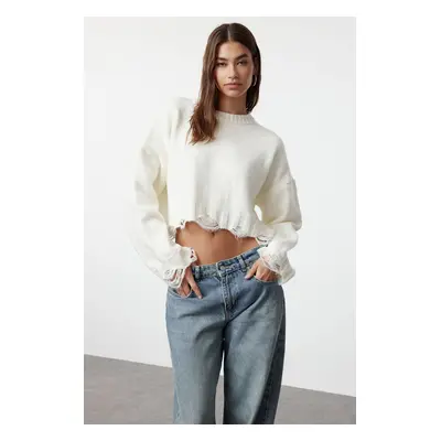 Trendyol Ecru Crop Super Wide Fit puha textúrájú kötöttáru pulóver