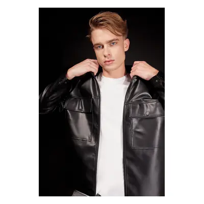 DEFACTO Water Repellent Oversize Fit Shirt Collar Jacket Faux Leather Coat