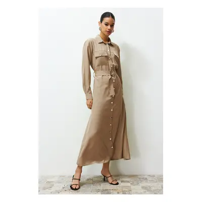 Trendyol Beige Gold Button Detailed Woven Shirt Dress