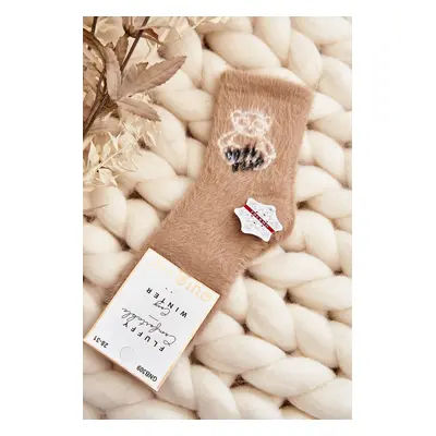 Children's fur socks with teddy bear, beige