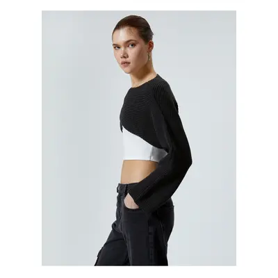 Koton Knitwear Crop Sweater Asymmetric Fit Long Sleeve Round Neck