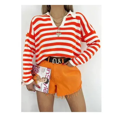 51782 Dewberry Polo Neck Striped Long Sleeve Sweater-ORANGE