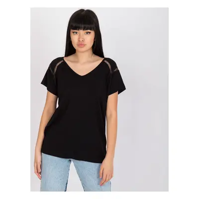 Black viscose casual blouse with cut-outs