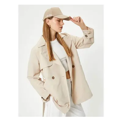 Koton Short Trench Coat Reverse Double Breasted Collar Belt Detail Pockets Wind Flap