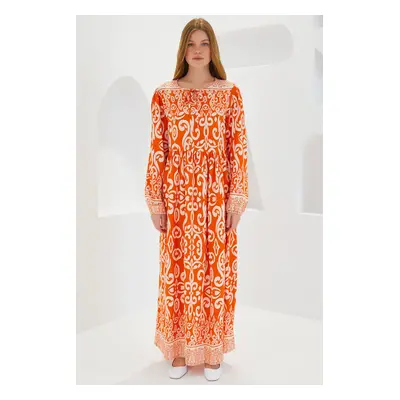 Bigdart Women's Orange Ecru Patterned Long Viscose Dress