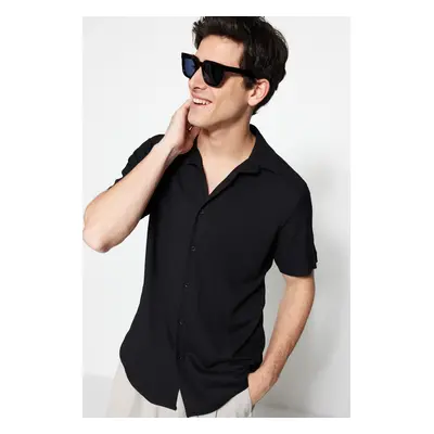 Trendyol Black Regular Fit Short Sleeve Summer Textured Crepe Knit Shirt