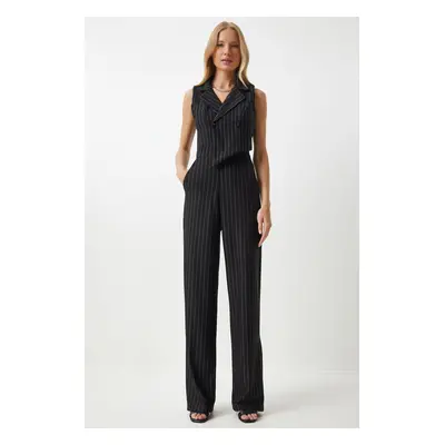 Happiness İstanbul Women's Black Slim Striped Double Breasted Collar Lycra Jumpsuit