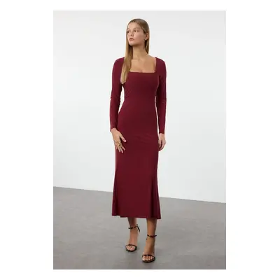 Trendyol Burgundy Maxi Flounce Square Neck Fitted/Fits Body Maxi Flexible Knit Dress