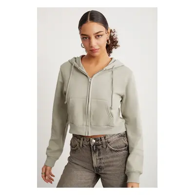 GRIMELANGE Delia Women's Crop Yarn Raised Knit Relaxed Fit Zippered Hooded Almond Green Sweatshi