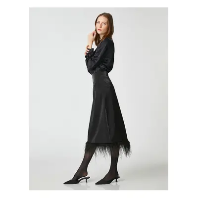 Koton Melis Ağazat X - Feather Detailed Satin Midi Skirt