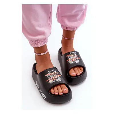 Lightweight women's slippers with thick soles with teddy bear black Serefina foam