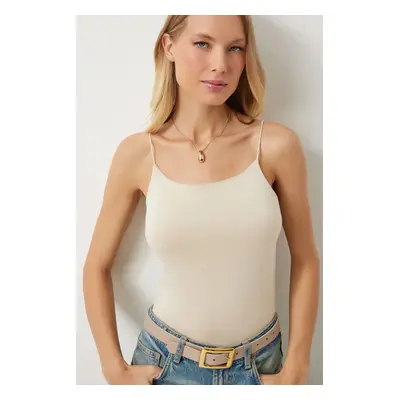 Happiness İstanbul Women's Cream Knitted Body Blouse with Rope Straps