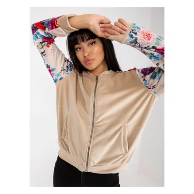 Beige velour bomber jacket with RUE PARIS prints