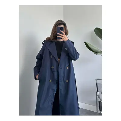 Laluvia Navy Blue Button Detailed Belted Long Trench Coat