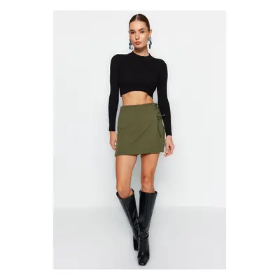 Trendyol Dark Khaki Woven Shorts Skirt with Lace-Up and Eyelet Detail