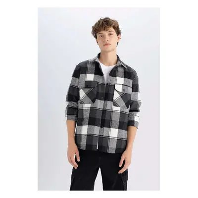 DEFACTO Men's Black Relax Fit Relaxed Cut Plaid Lumberjack Flannel Cotton Long Sleeve Shirt